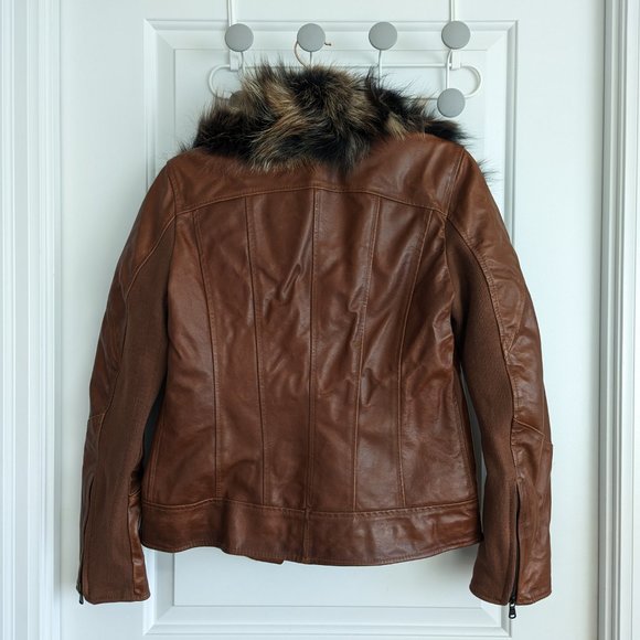 Real Fox Fur Trim Quilted Leather Biker Jacket - Picture 2 of 11